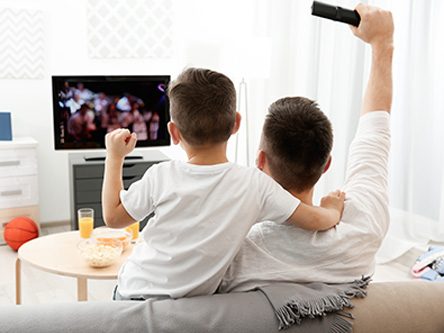 Vater und Sohn feiern gemeinsam vor dem Fernseher.