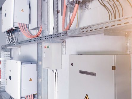 Anlage mit mehreren elektrischen Schaltschränken und Kabeln an der Wand.