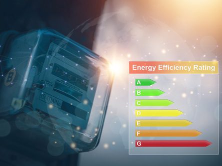 Energieeffizienzbewertung mit farbigen Skalen, die von grün nach rot reichen.