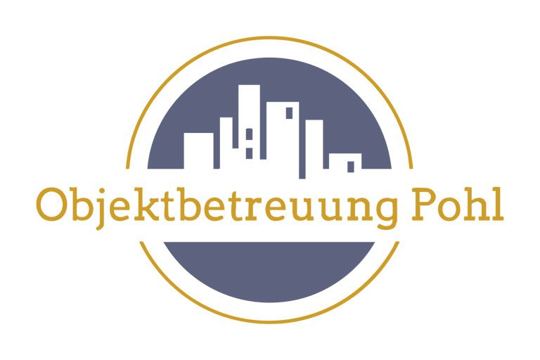 Logo der Objektbetreuung Pohl mit stilisierten Gebäuden in Blau und Gold.